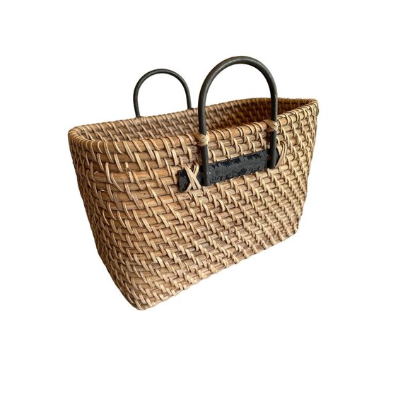 Rigid Heavy Rattan Woven Magazine Basket Metal Handles - Picture 7 of 8